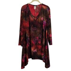 Cocomo Woman Knit Tunic 2X Red Dark Floral Asymmetrical Hem 3/4 Sleeve